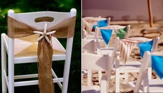 2、用粗布、彩旗、海星装点椅背